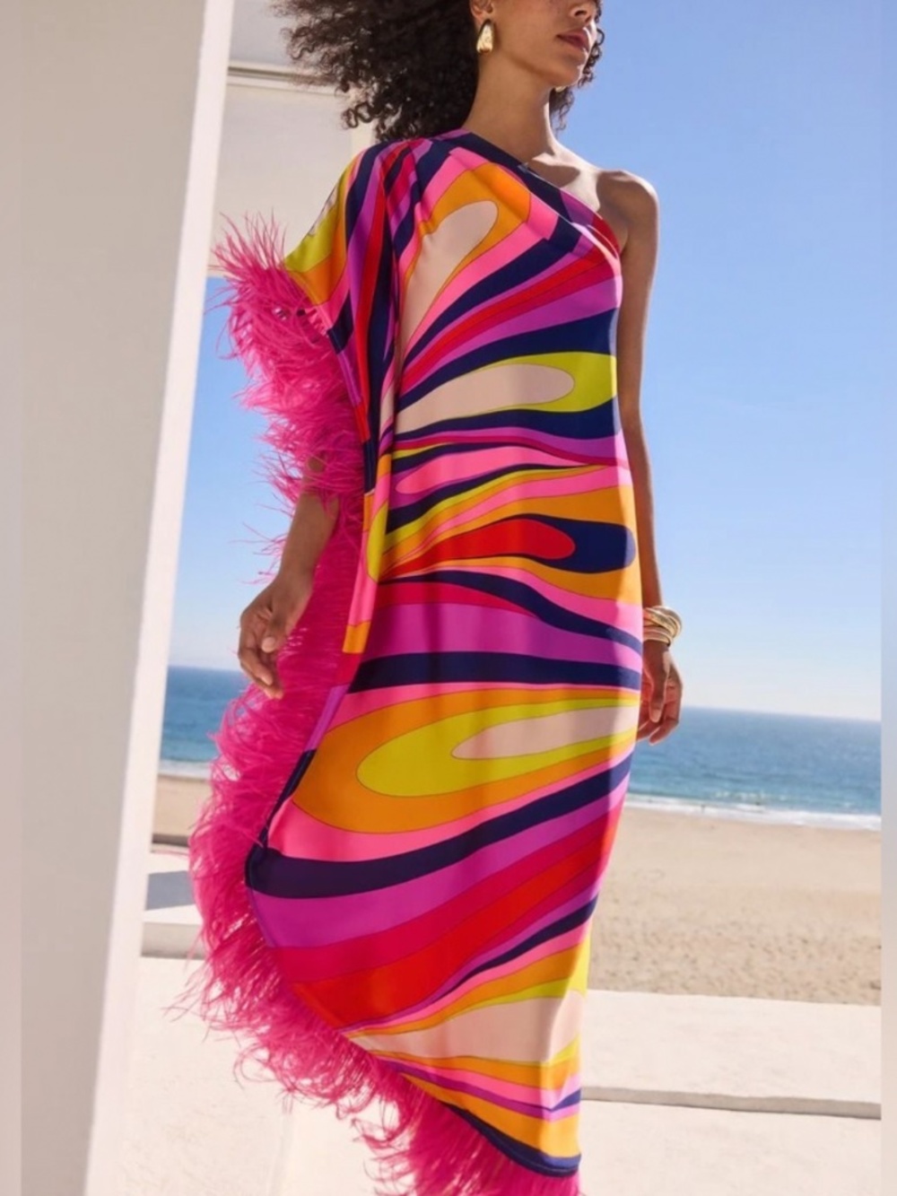 Trina Turk Largo Caftan dress in Wynwood Waves print feather trim S